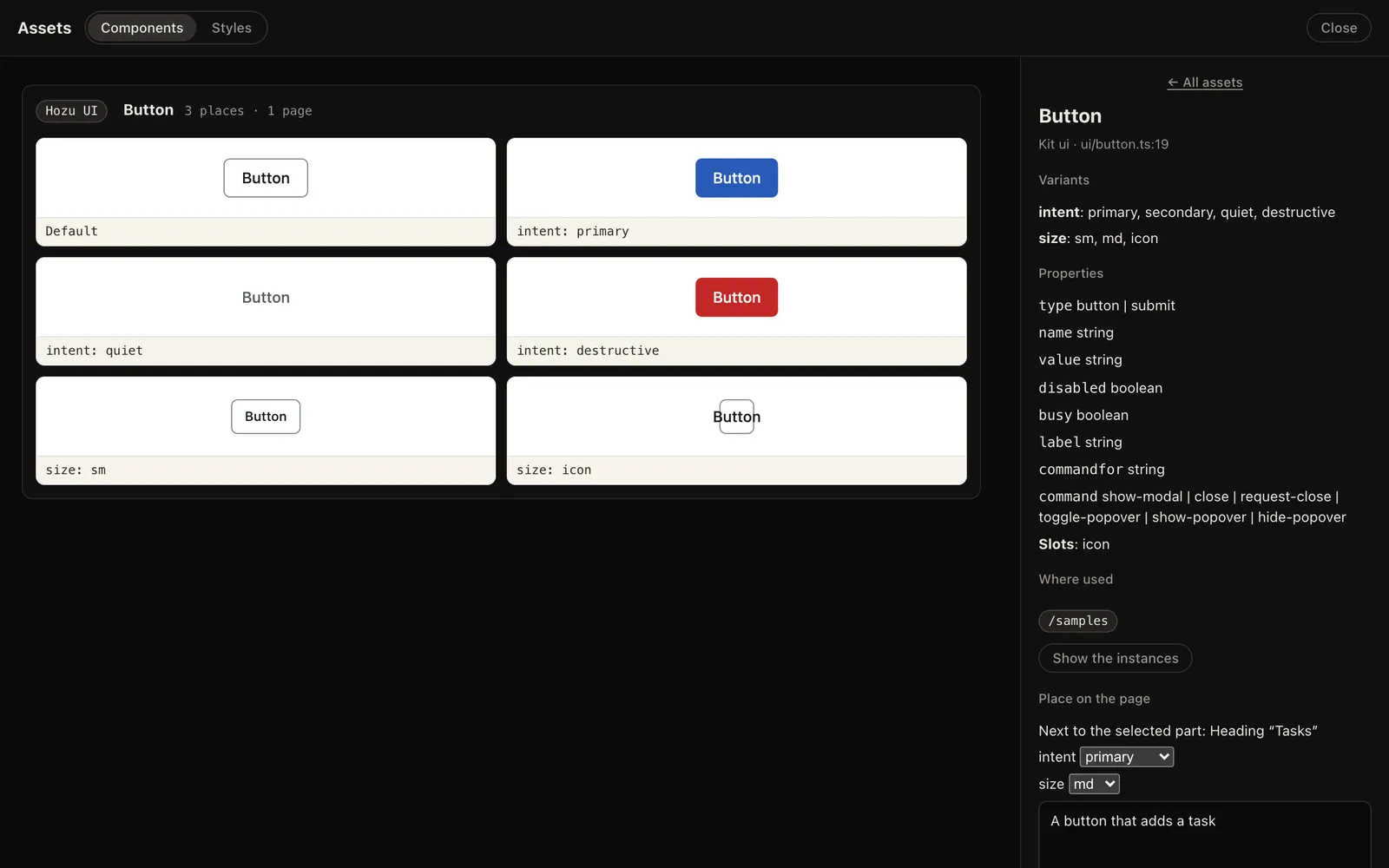 The Button detail in DevTools: its variants and properties, the intent set to primary, a note, and Place before, after and inside
