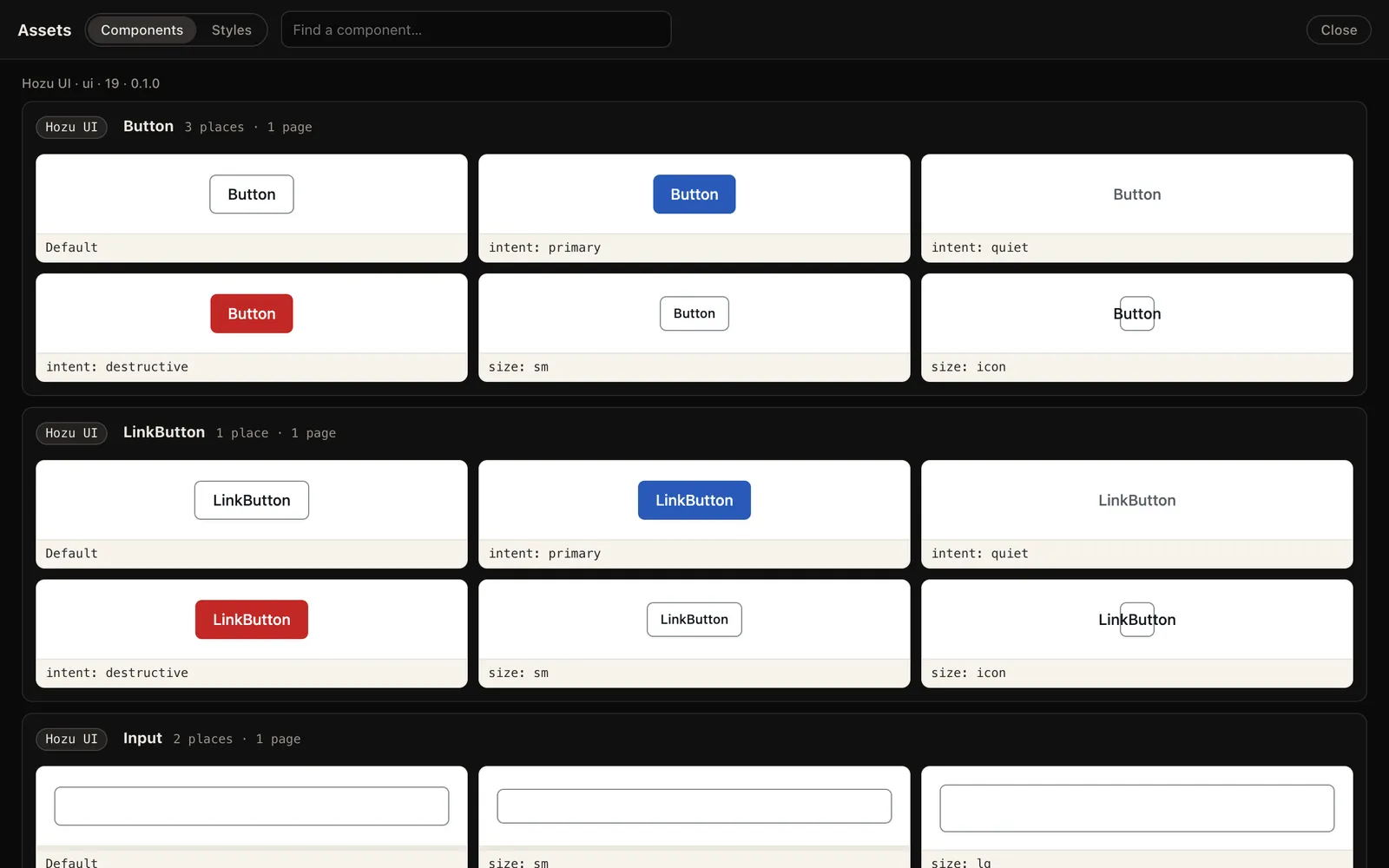 Hozu DevTools Assets board: the Hozu UI kit first, with Button and LinkButton in each intent and size